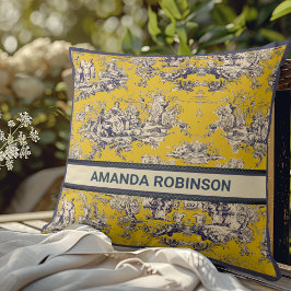  bloemig lakgeel toile de jouy monogram kussen