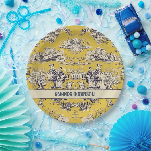  bloemig lakgeel toile de jouy monogram papieren bordje (Feest)