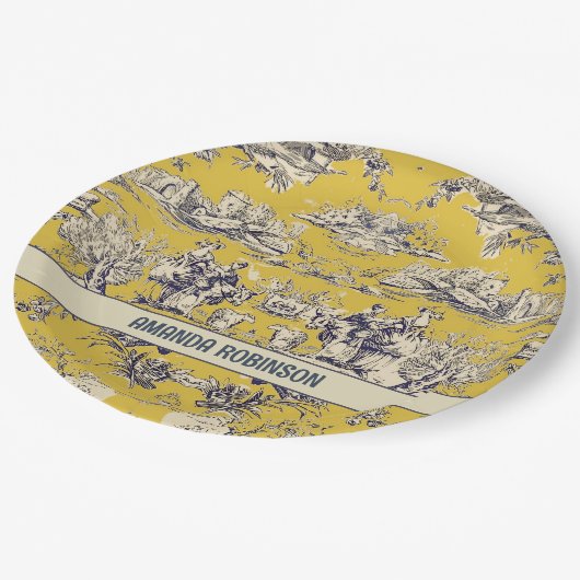  bloemig lakgeel toile de jouy monogram papieren bordje (Gekanteld)