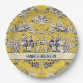 bloemig lakgeel toile de jouy monogram papieren bordje (Voorkant)