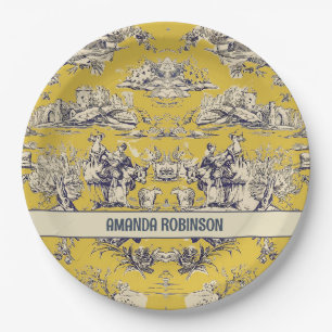  bloemig lakgeel toile de jouy monogram papieren bordje