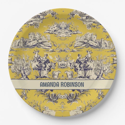  bloemig lakgeel toile de jouy monogram papieren bordje (Voorkant)