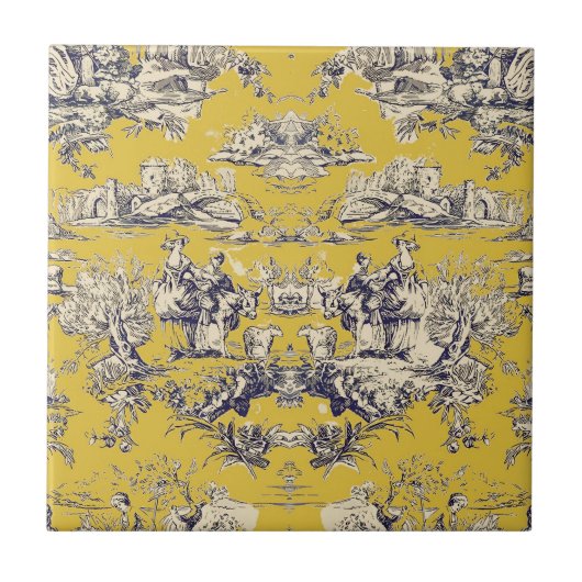  bloemig lakgeel toile de jouy monogram tegeltje (Voorkant)