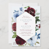 Bloemig lijst Bourgondië & Stoffig Blauw Bruiloft Kaart (Voorkant)