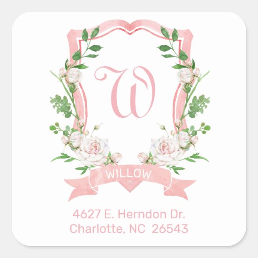 Bloemig monogram gegraveerd retouradres vierkante sticker (Voorkant)