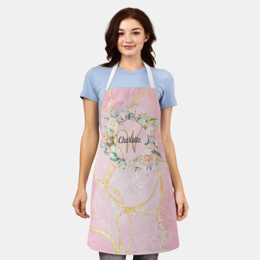 Bloemig Monogram Gouden Script Roze Geode Agaat Schort (Gedragen)