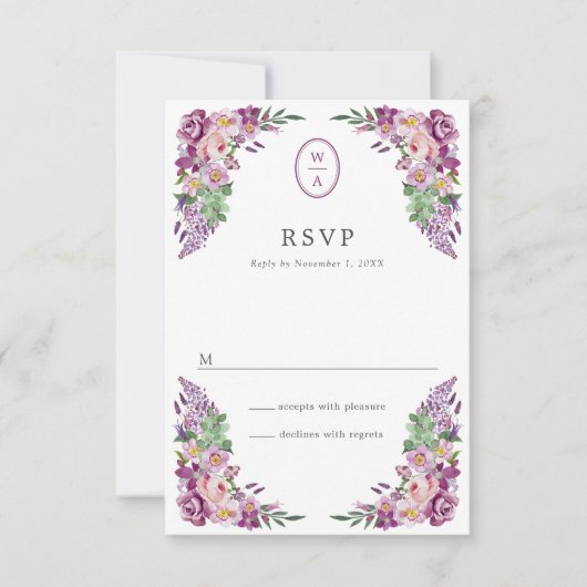 Bloemig Monogram Huwelijk RSVP Kaartje (Voorkant)