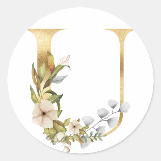 Bloemig monogram in goud Classic Ronde Sticker (Voorkant)