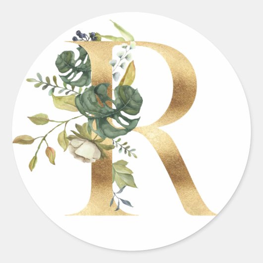 Bloemig monogram in goud Klassieke Ronde Sticker (Voorkant)