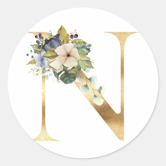 Bloemig monogram in goud Klassieke Ronde Sticker (Voorkant)