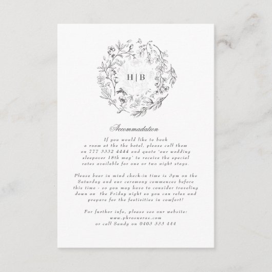 Bloemig Monogram Klassieke Krans Trouwdetails Informatiekaartje (Voorkant)