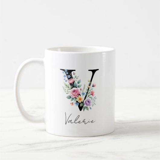 Bloemig Monogram – Letter V Koffiemok (Links)