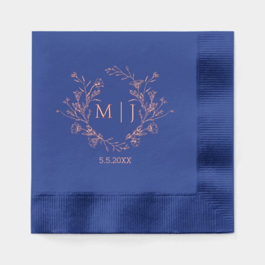 bloemig monogram roos goud roze blauw bruiloft folie servetten (Voorkant)