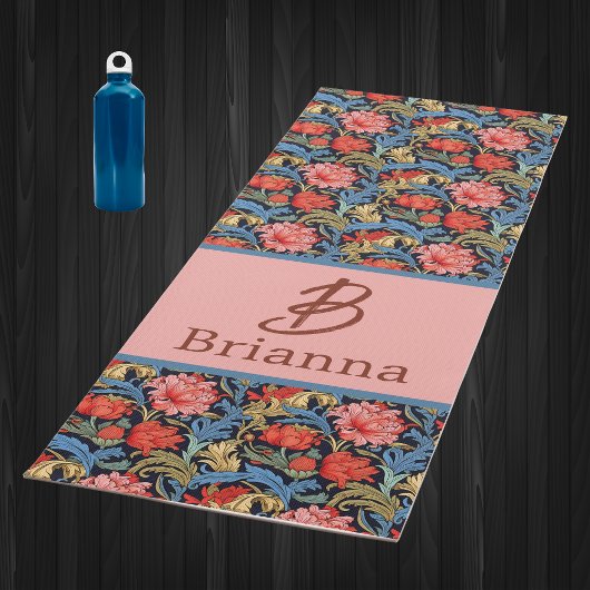 Bloemig monogram roze blauw William Morris-stijl Yogamat