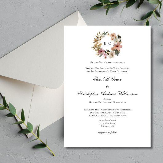 Bloemig Monogram Traditioneel Formeel Elegant Huwe Kaart