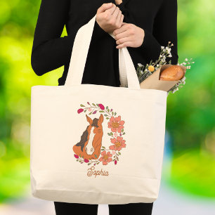 Bloemig Paard Botanische Aangepaste Naam Grote Tote Bag
