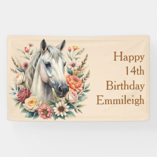 Bloemig Paard Tiener Meisje Verjaardag Spandoek