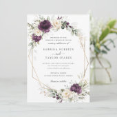 Bloemig Paars Witte Pruim Groengroen Goud Bruiloft Kaart (Staand voorkant)