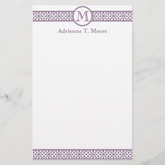 Bloemig Paarse witte monogram Initiaal briefpapier (Voorkant)