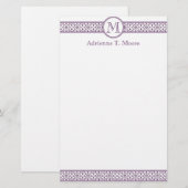 Bloemig Paarse witte monogram Initiaal briefpapier (Voorkant / Achterkant)