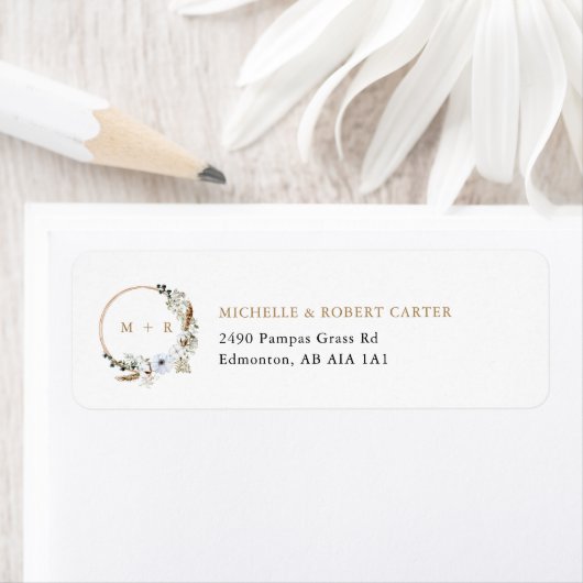 Bloemig Pampas Gras Bruiloft Boho Monogram Etiket (Insitu)