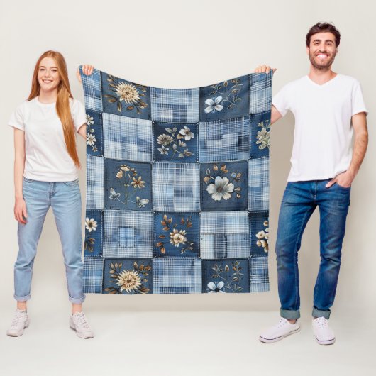 Bloemig Patchwork Patroon | Boho Denim Fleece Deken (In situ)