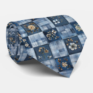 Bloemig Patchwork Patroon Boho Denim Stropdas