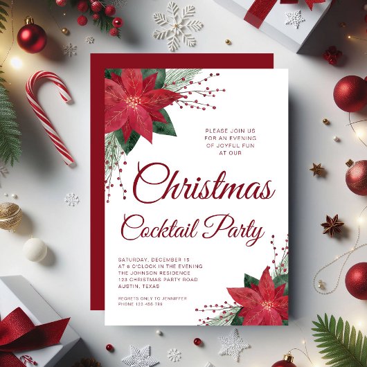 Bloemig Poinsettia Script Kerst Cocktaillfeest Kaart