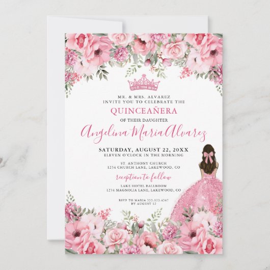 Bloemig Roos Roze Quinceanera Kaart (Voorkant)