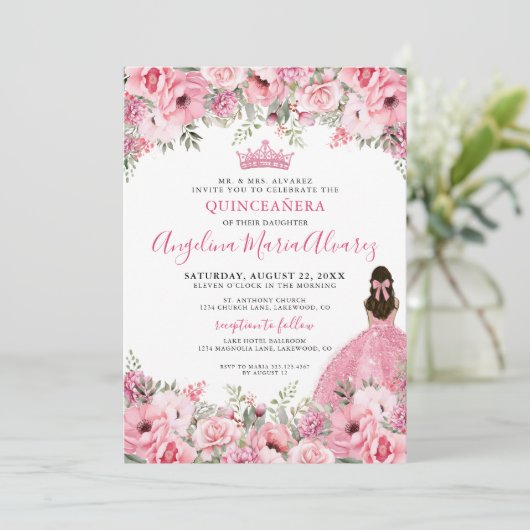 Bloemig Roos Roze Quinceanera Kaart (Staand voorkant)