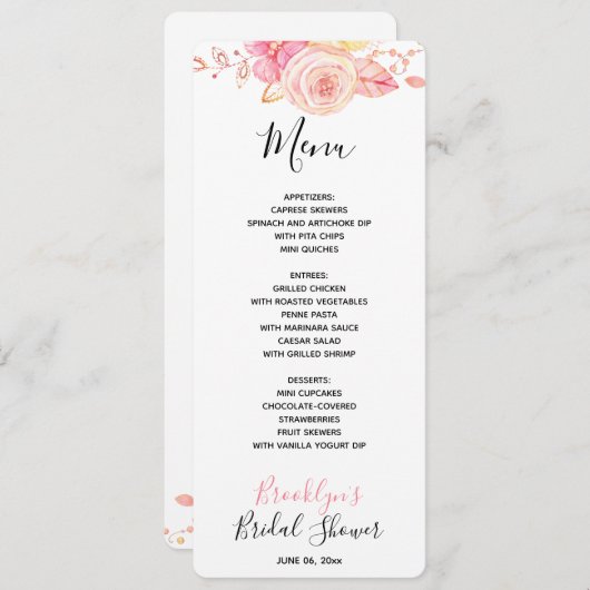 Bloemig Roze Bruidsdiner Menu Kaart (Voorkant / Achterkant)