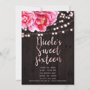 Bloemig Roze Bruin Rustiek Hout & Lichten Sweet 16 Kaart