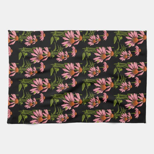 bloemig roze en zwart theedoek (Horizontaal)