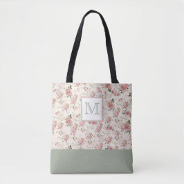  bloemig roze groen monogram tote bag