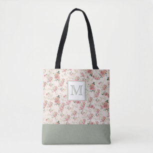  bloemig roze groen monogram tote bag