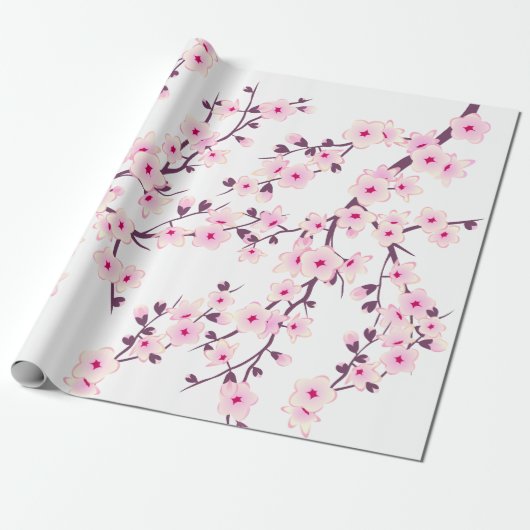 Bloemig roze witte kersbloesem inpakpapier (Uitgerold)