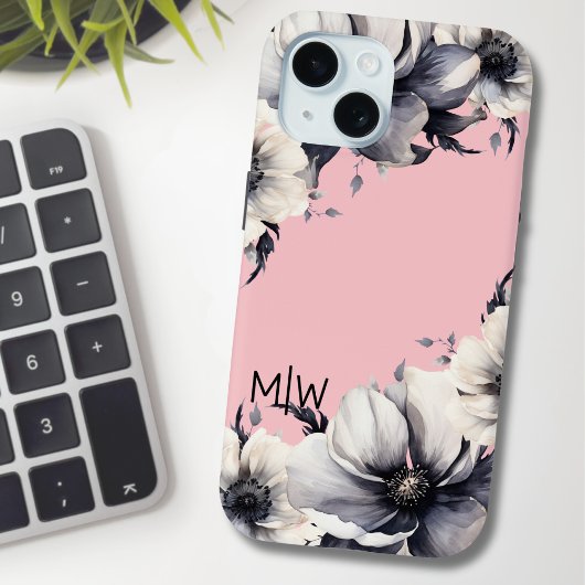Bloemig Roze Zwart Wit Monogram Case-Mate iPhone Case