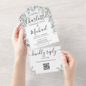 Bloemig Schrift Monogram QR Code Trouw  All In One Uitnodiging (Afscheurbaar)