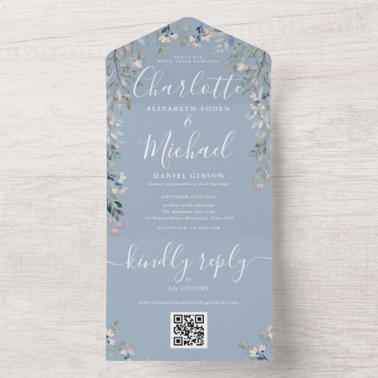 Bloemig Schrift QR Code Stofblauw Bruiloft All In One Uitnodiging (Binnen)