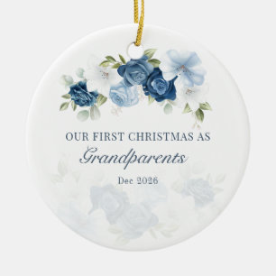 Bloemig stoffig blauwe grootouders 1e kerstfeest keramisch ornament