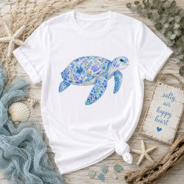 Bloemig thema zee schildpad aardewerk kunst t-shirt