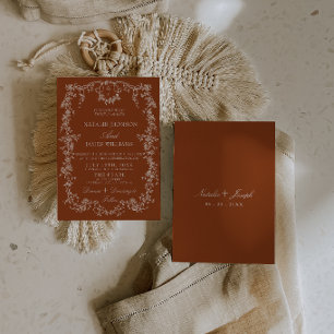 Bloemig verbrande oranje monogram boho bruiloft kaart