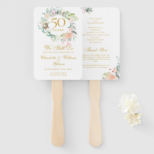 Bloemig vernieuwingsprogramma voor huwelijksjubile handwaaier (Voorkant en achterkant)