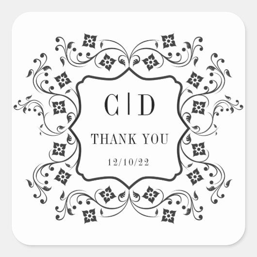 Bloemig Vintage Monogram Huwelijks Cadeautje Vierkante Sticker (Voorkant)