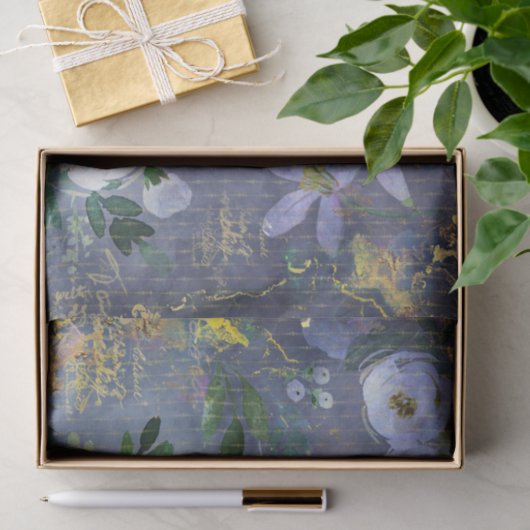  bloemig waterverf script, staalblauw goud tissuepapier (Geschenk)