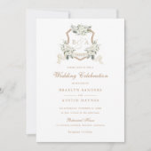 Bloemig Witte Groene Monogram Wapen Trouw Kaart (Voorkant)