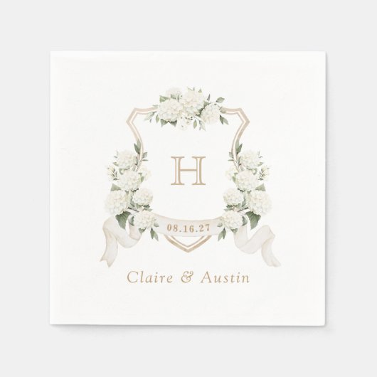 Bloemig Witte Hortensia Crest Trouw Monogram Servet (Voorkant)