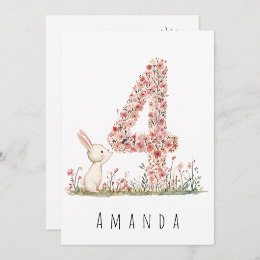 Bloemig witte konijn 4e verjaardagskaart kaart (Voorkant / Achterkant)