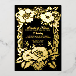 Bloemig Zwart & Goud Vintage Decor Trouwfeest Folie Uitnodiging