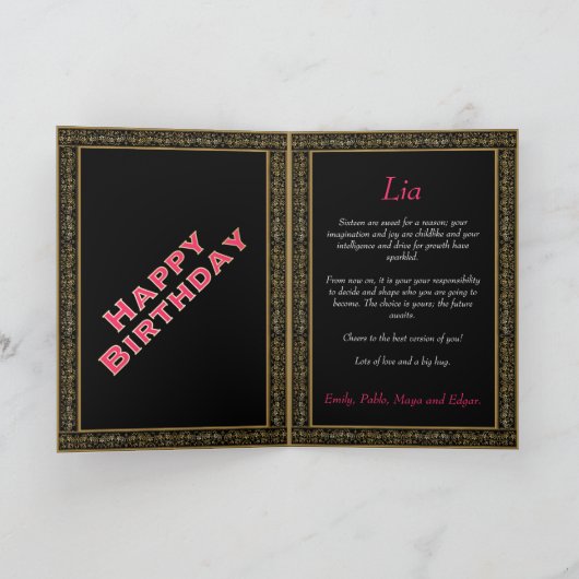  bloemig zwart roze gouden taart zoet zestien kaart (Binnen)